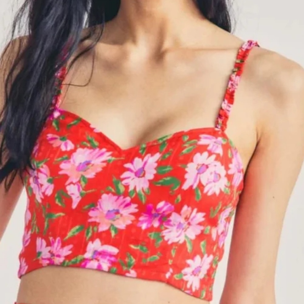 LoveShackFancy Red Finelli Floral Crop Top Bralette Women's Size Small